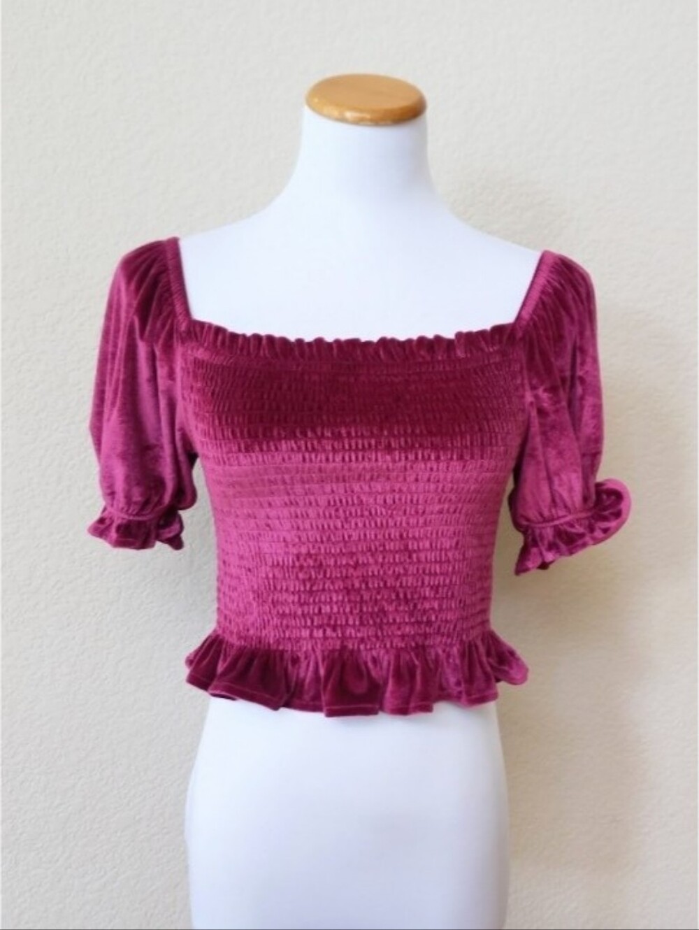 Rewind raspberry color velvet crop top with smocked bodice